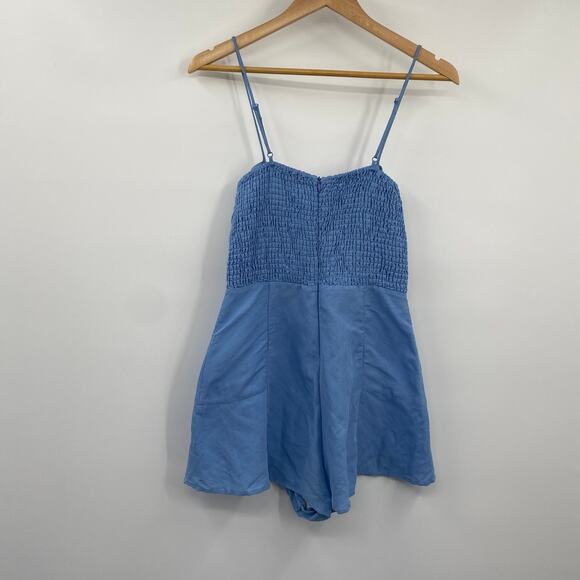 Zara Cut Out Bow Front Romper Linen Blend Chambray Blue Blogger Fave Womens S - Picture 7 of 12